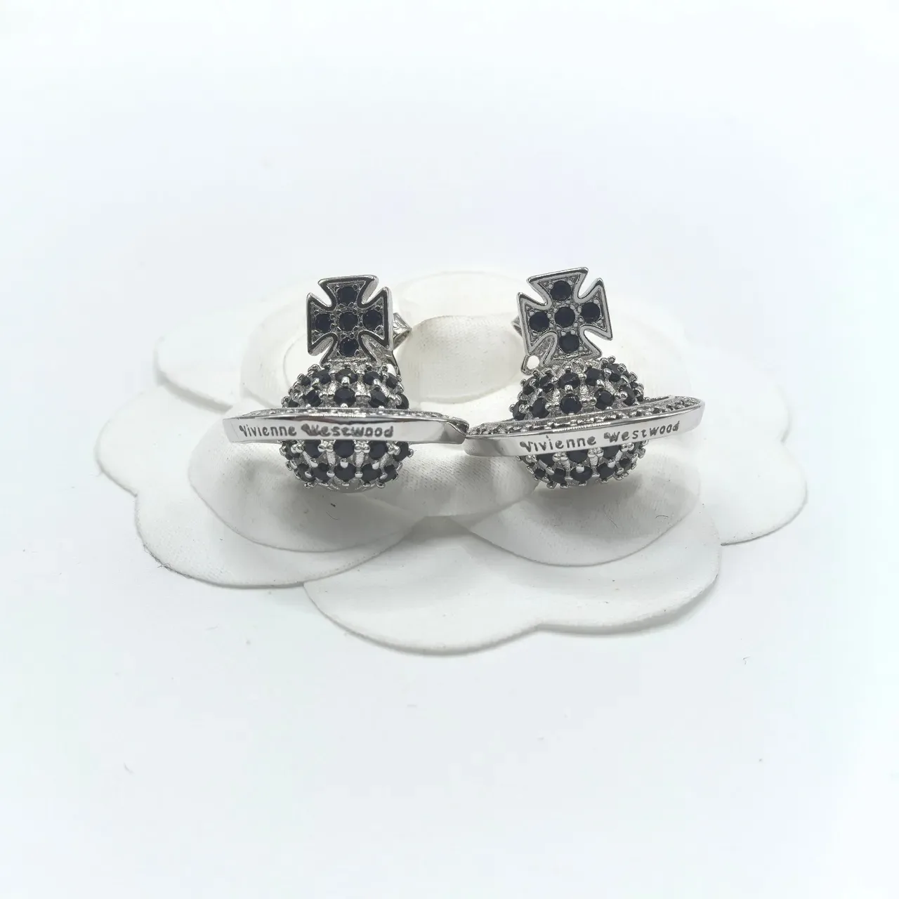 Vivienne Westwood Orb Cross Pavé Black Stud Earrings 2