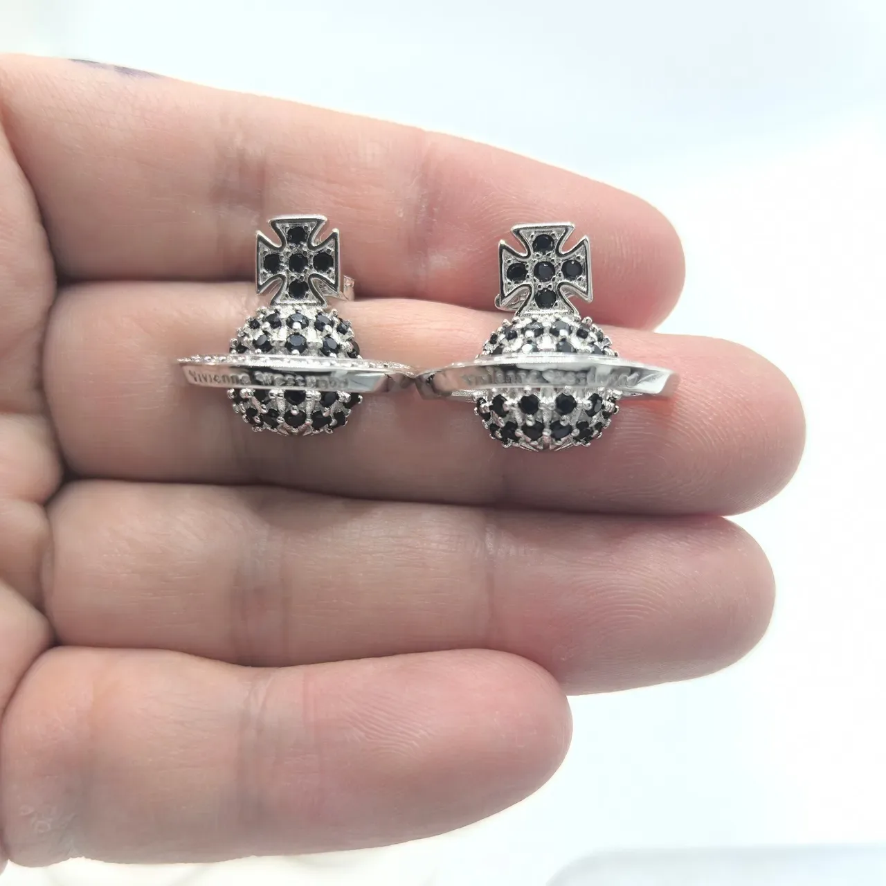 Vivienne Westwood Orb Cross Pavé Black Stud Earrings 3