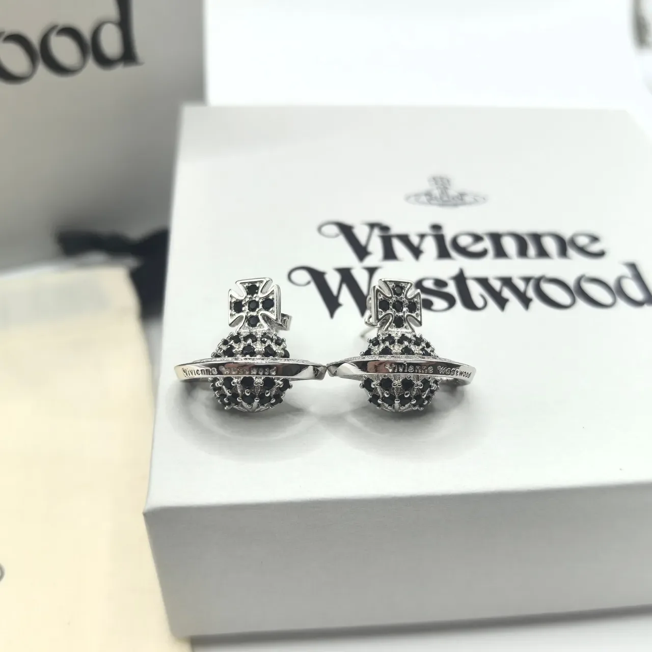 Vivienne Westwood Orb Cross Pavé Black Stud Earrings 5