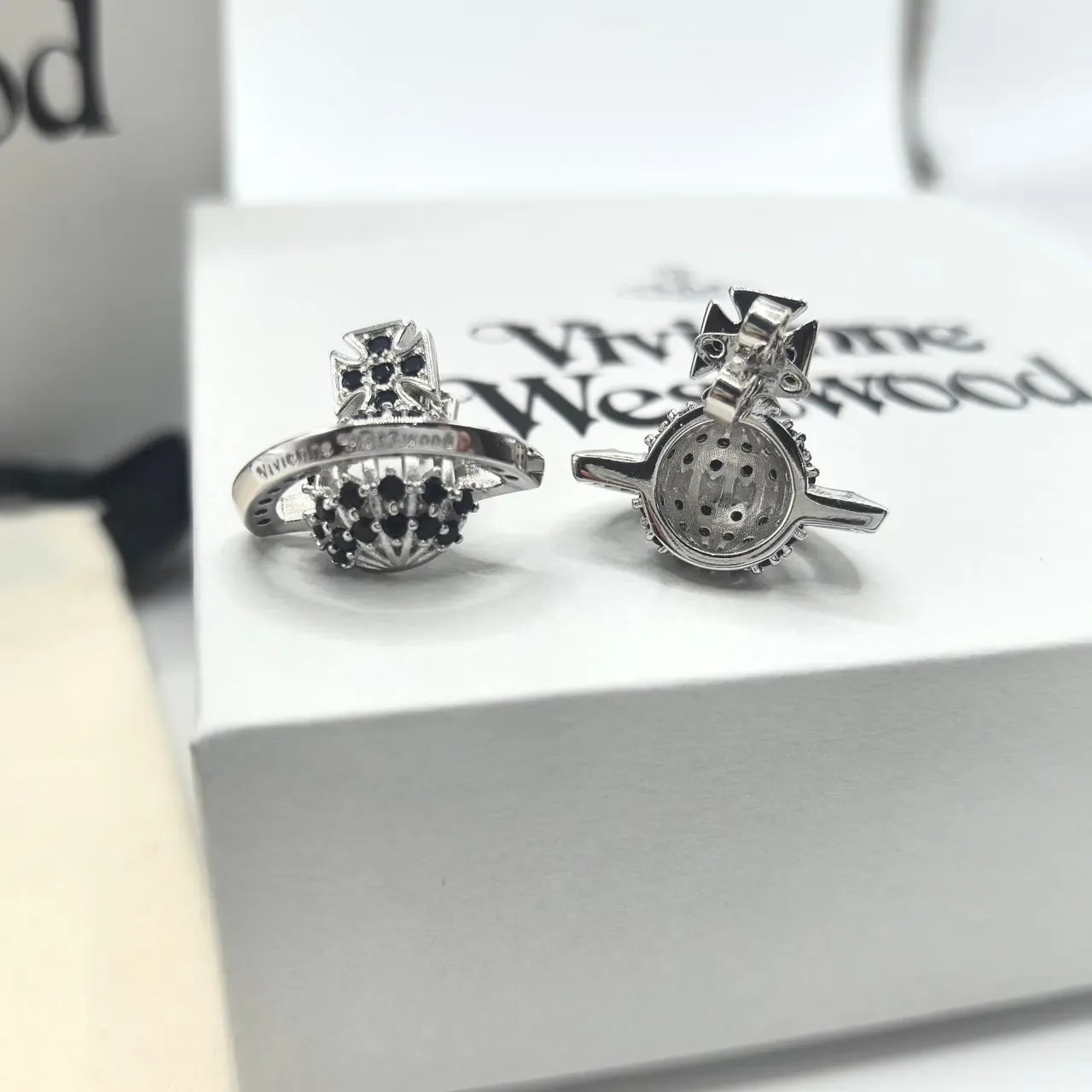 Vivienne Westwood Orb Cross Pavé Black Stud Earrings 6