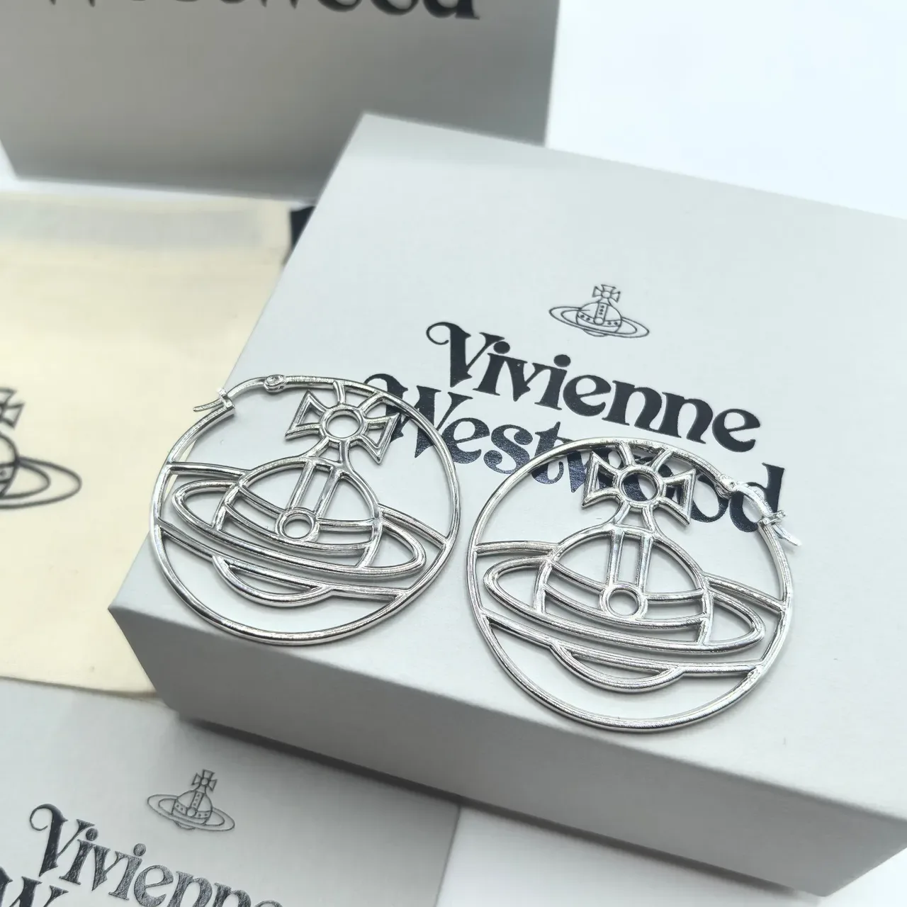 Vivienne Westwood Orb Logo Hoops Gold Beige Earrings 2
