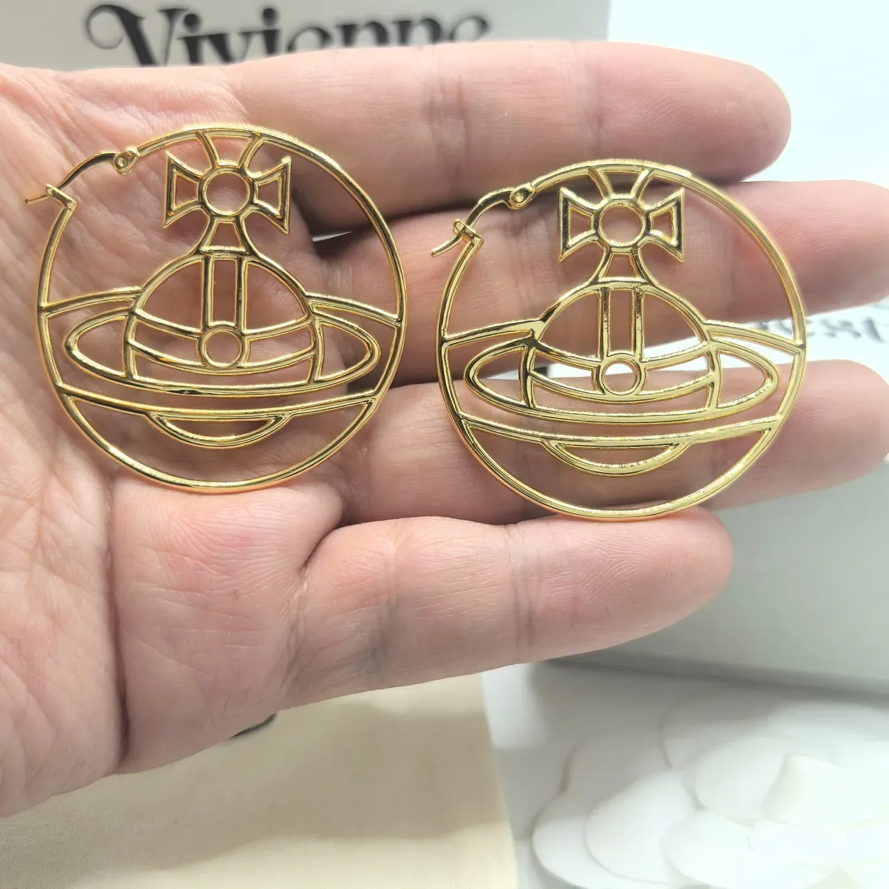 Vivienne Westwood Orb Logo Hoops Gold Beige Earrings 6