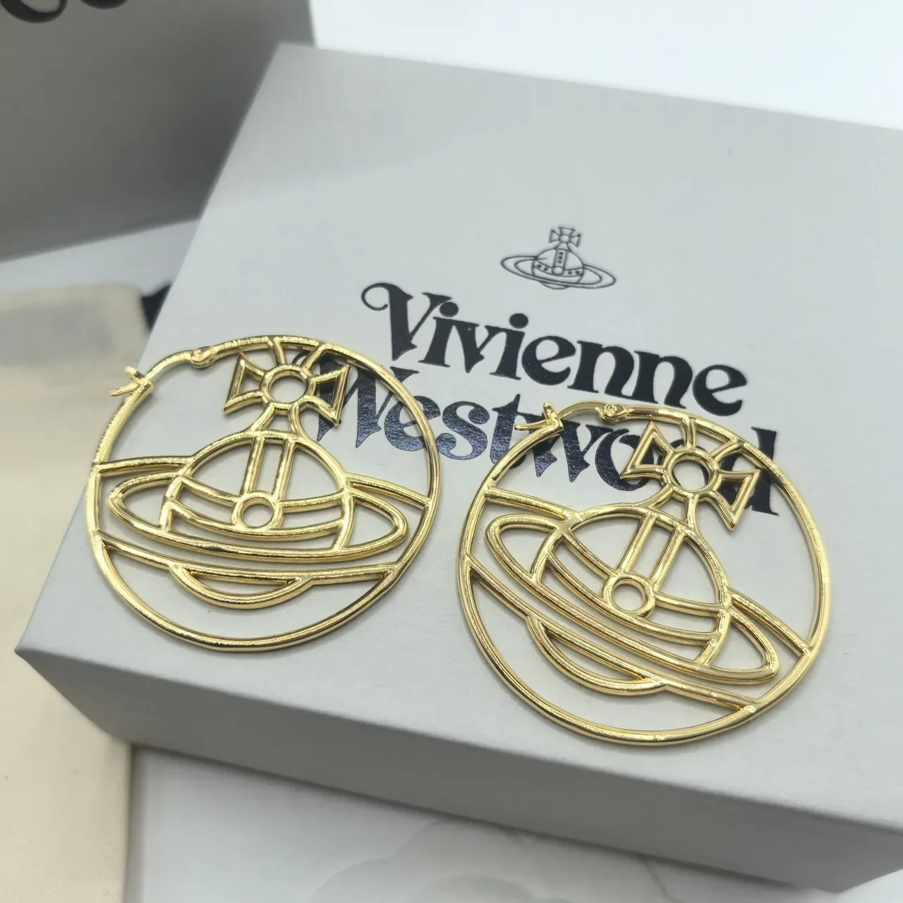 Vivienne Westwood Orb Logo Hoops Gold Beige Earrings 8