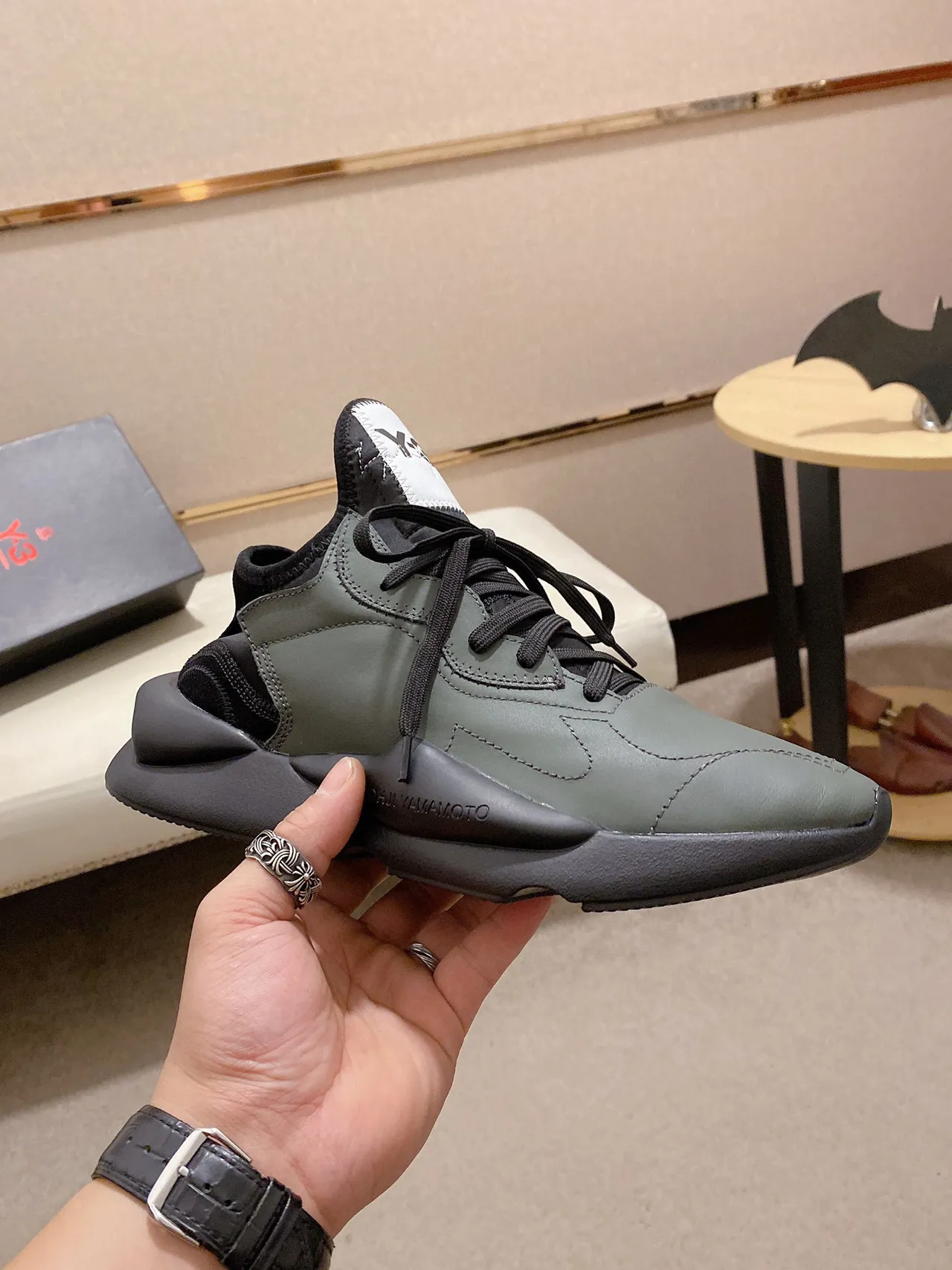 Y-3 Army Green Black Sculpted Monolithic Midsole Asymmetrical Stitched Overlays Lifestyle Sneakers 7