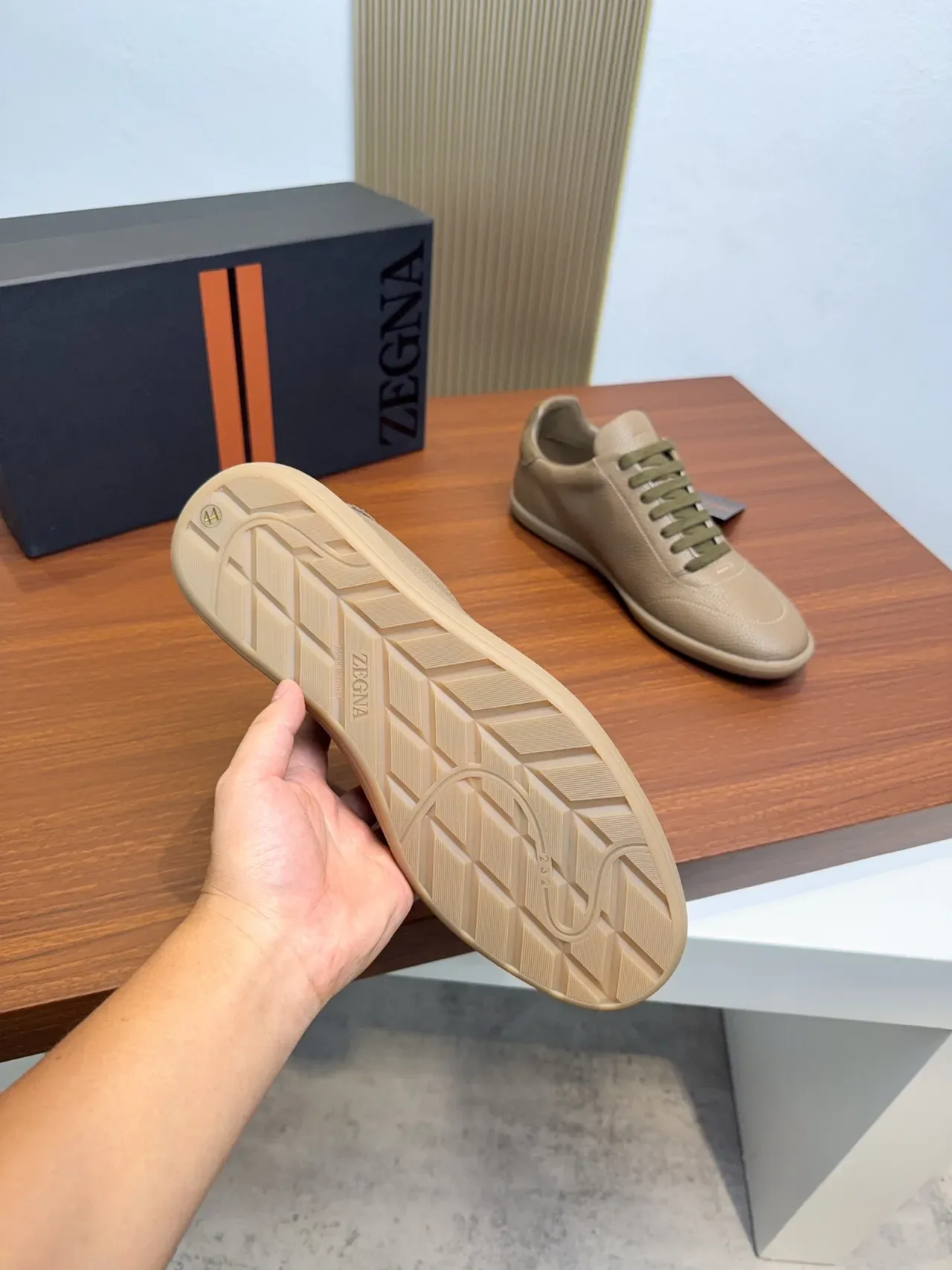 Zegna Beige Pebbled Leather Low-Top Sneakers 2