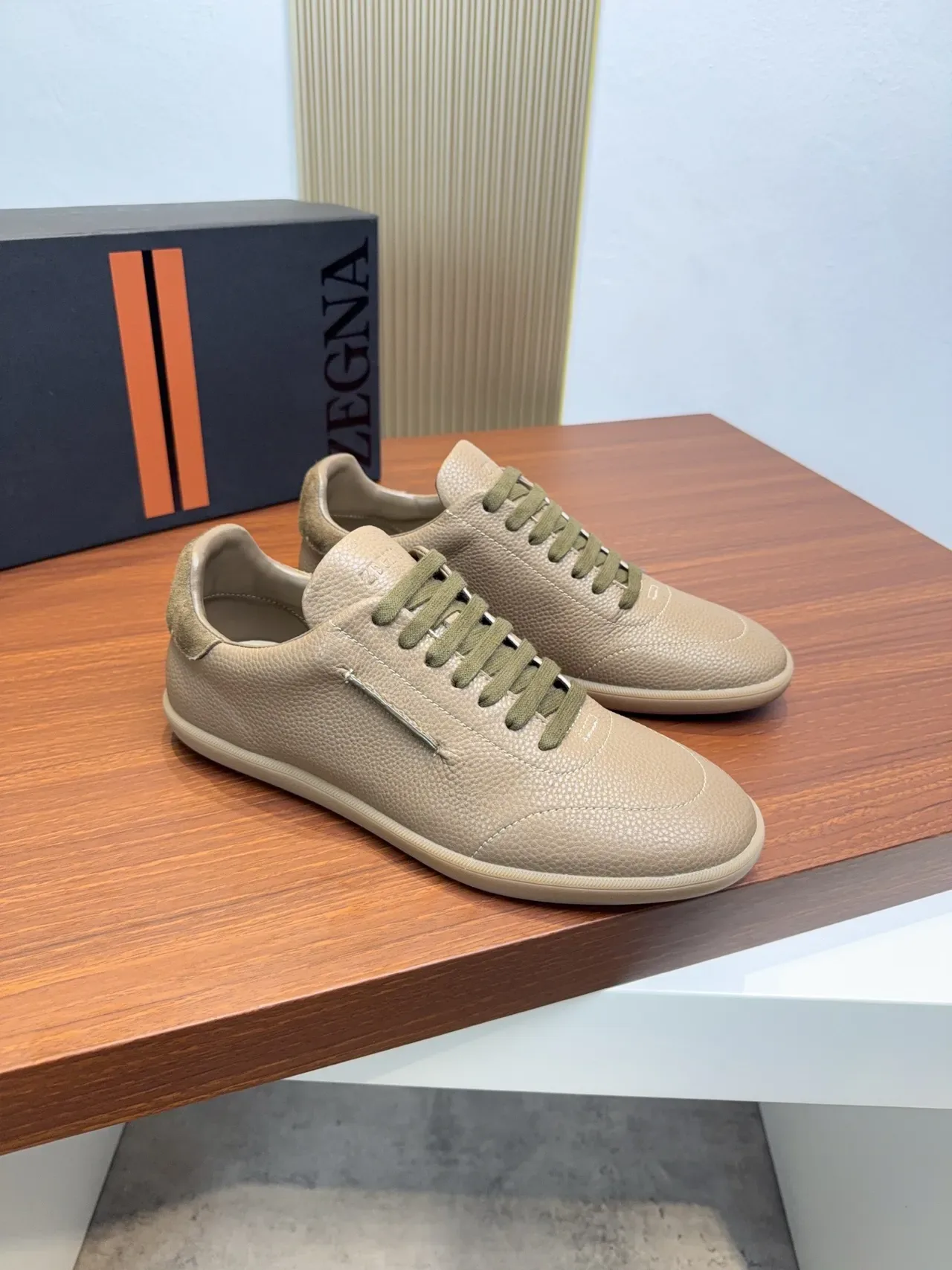 Zegna Beige Pebbled Leather Low-Top Sneakers 4