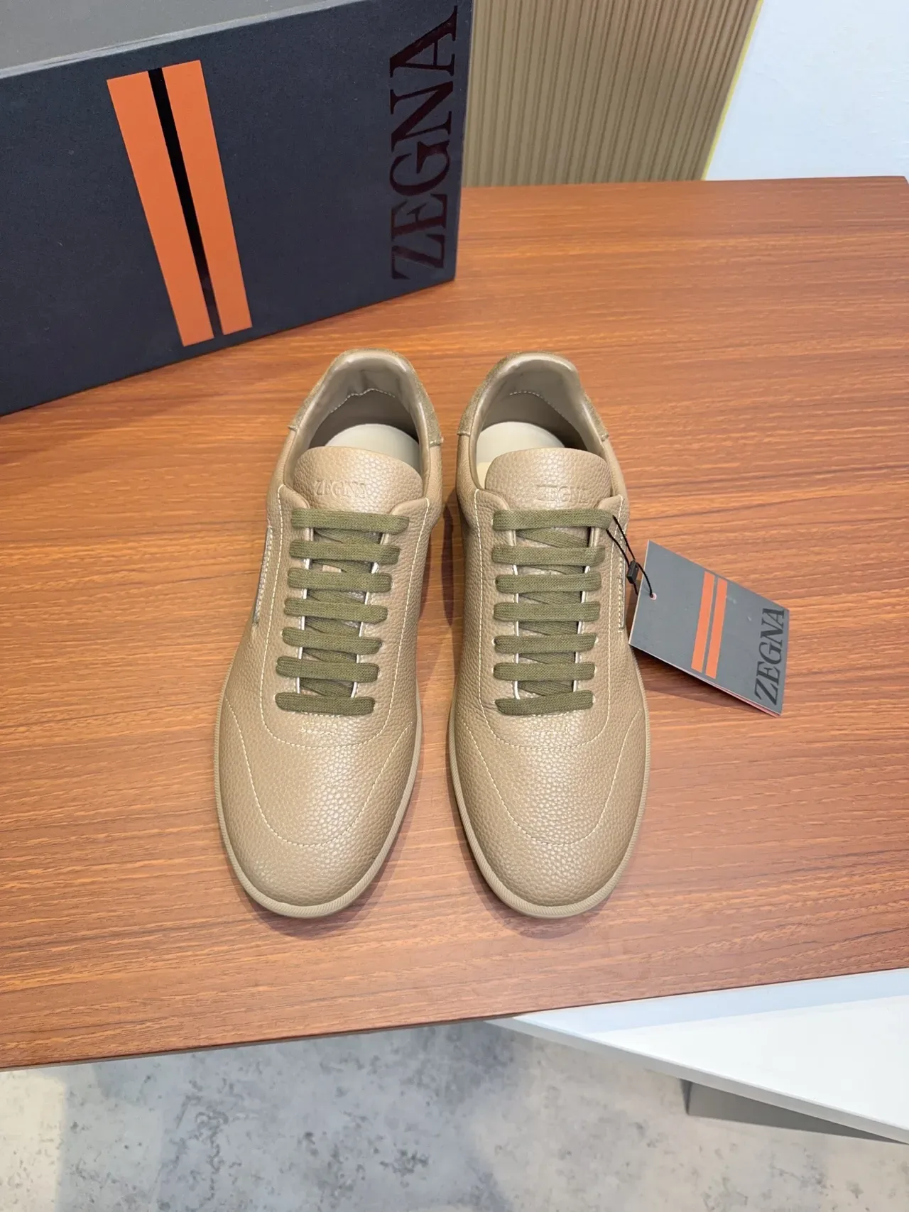 Zegna Beige Pebbled Leather Low-Top Sneakers 5