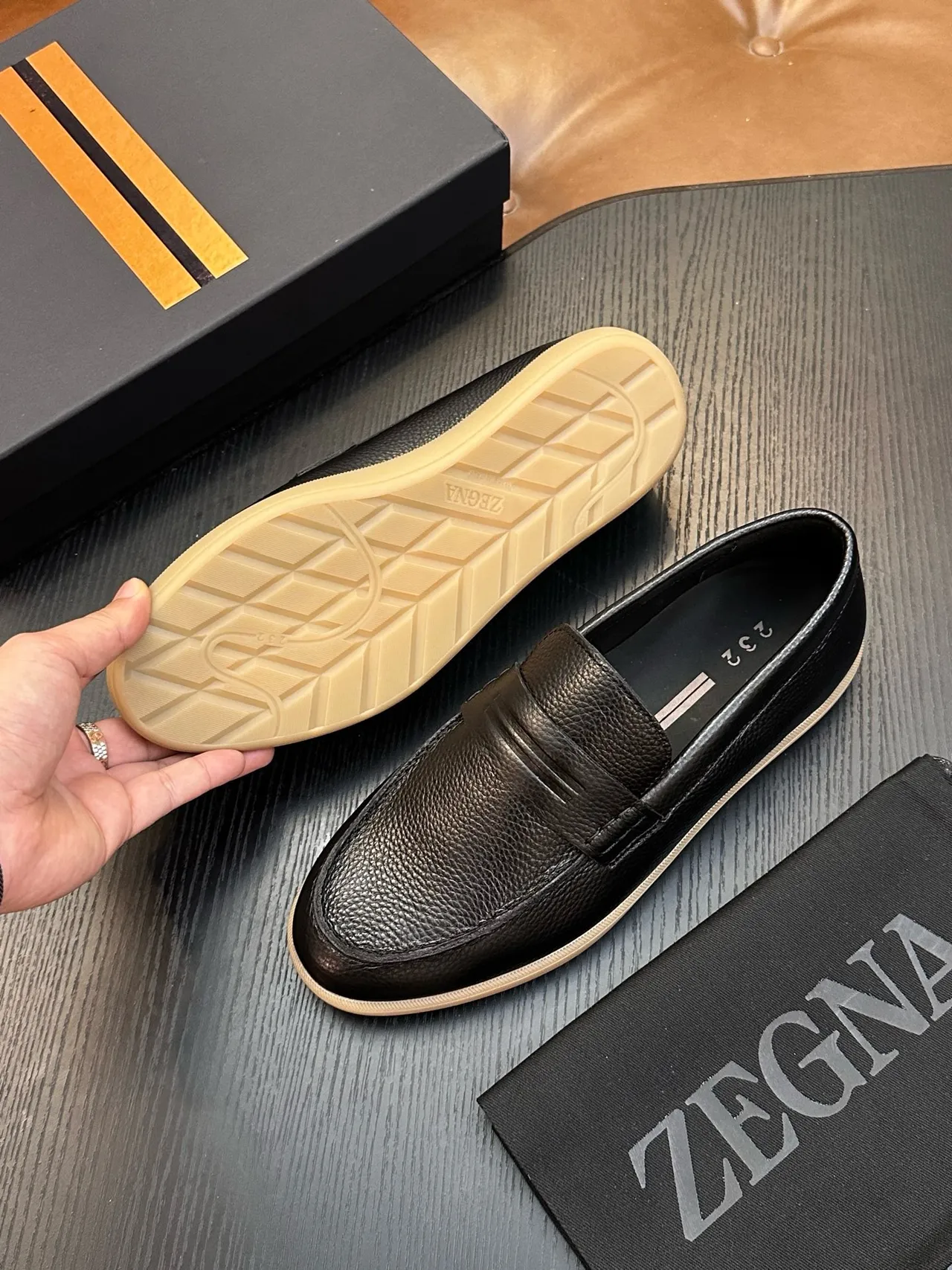 Zegna Black Beige Pebbled Leather Penny Strap Loafer 2