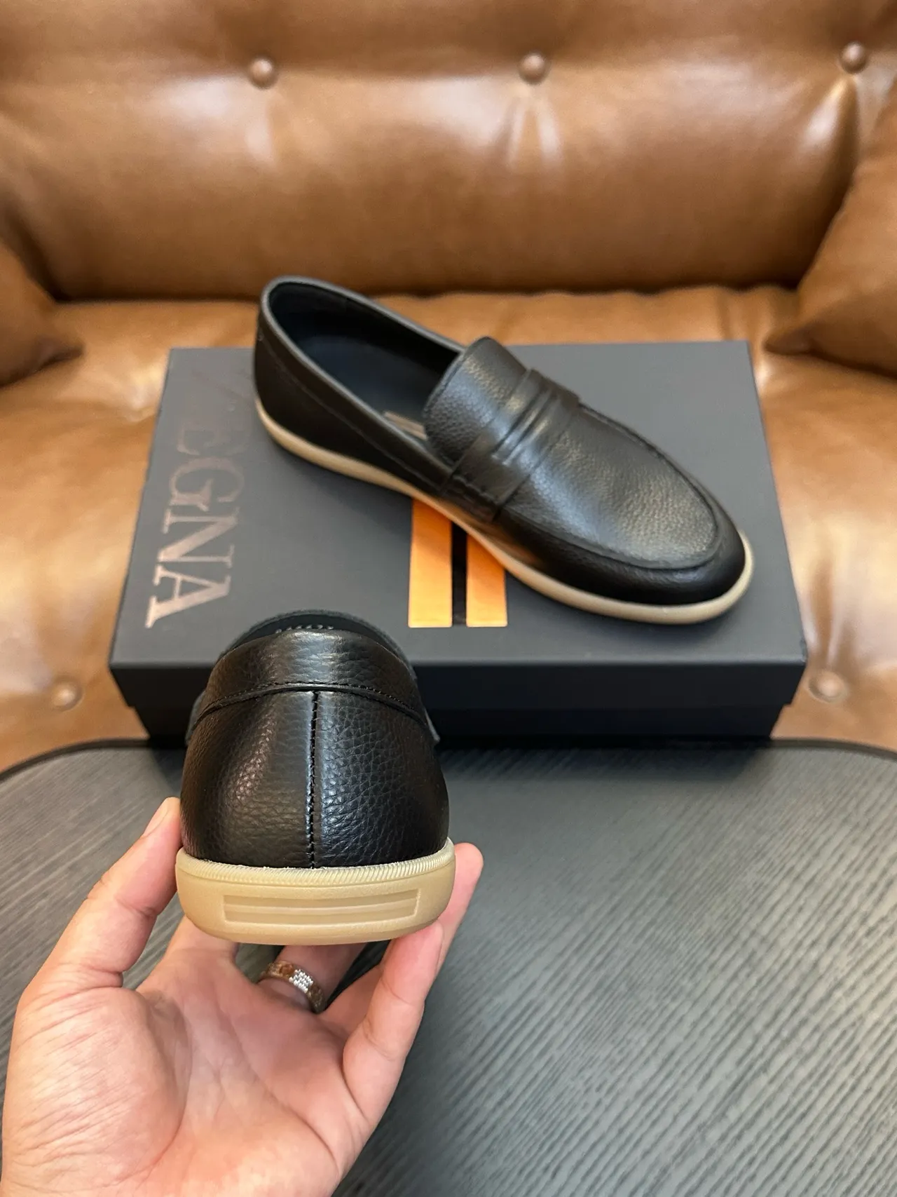Zegna Black Beige Pebbled Leather Penny Strap Loafer 3