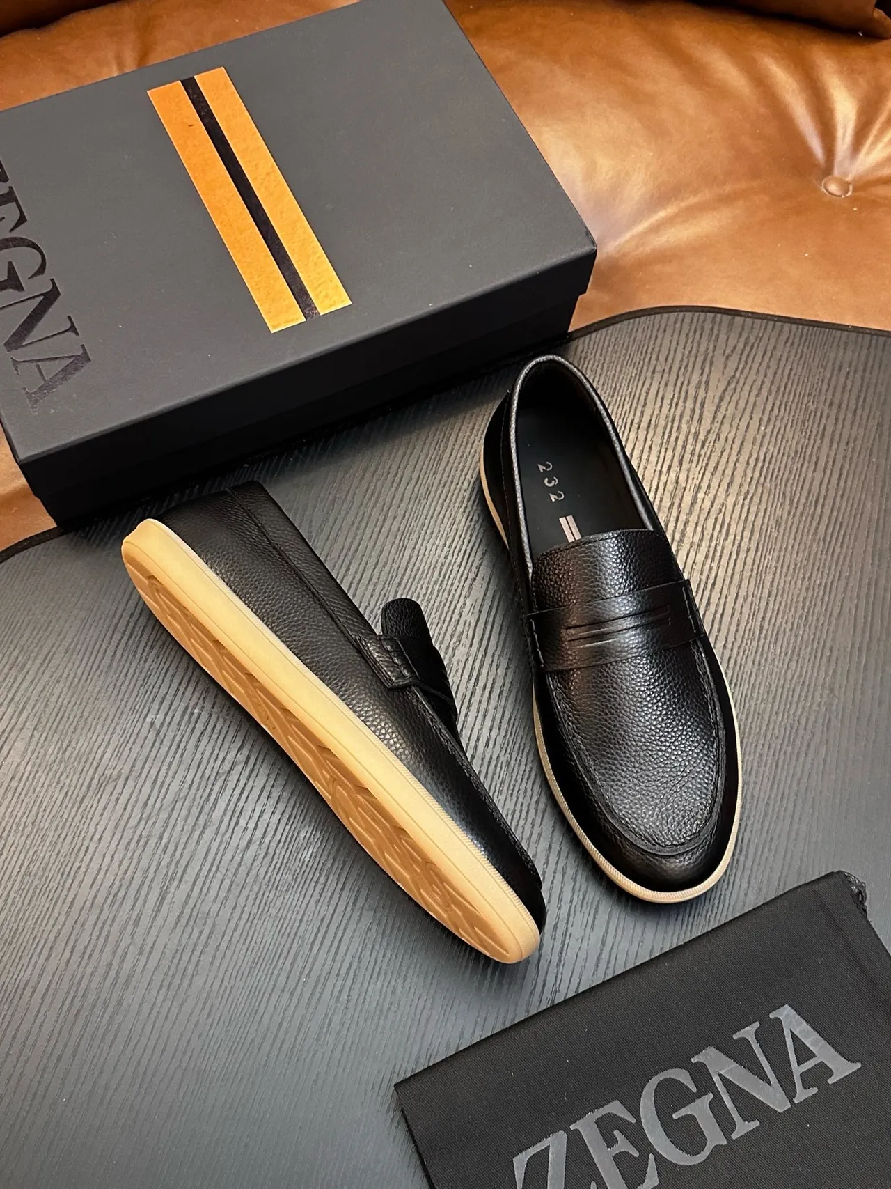 Zegna Black Beige Pebbled Leather Penny Strap Loafer 5