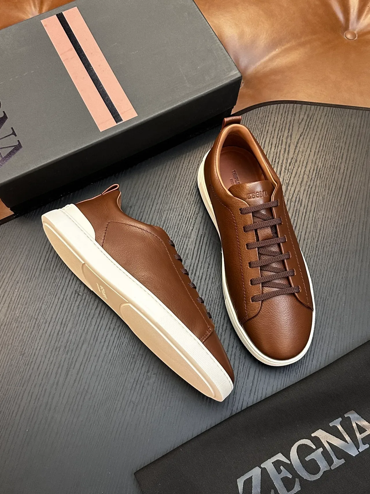 Zegna Brown Leather Low-Top Lifestyle Sneaker 5