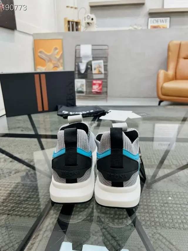 Zegna حذاء رياضي للأسلوب الحياتي رمادي أزرق مغزول slip-on كولار جورب ملائم 2