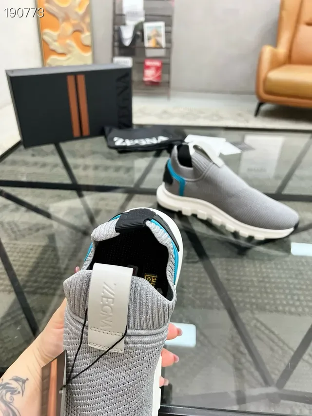 Zegna حذاء رياضي للأسلوب الحياتي رمادي أزرق مغزول slip-on كولار جورب ملائم 3