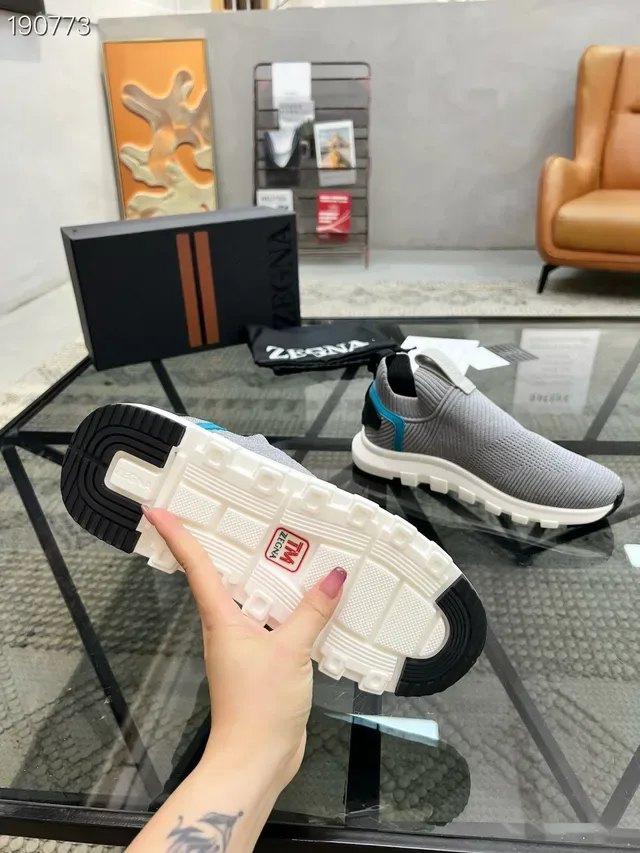 Zegna حذاء رياضي للأسلوب الحياتي رمادي أزرق مغزول slip-on كولار جورب ملائم 4