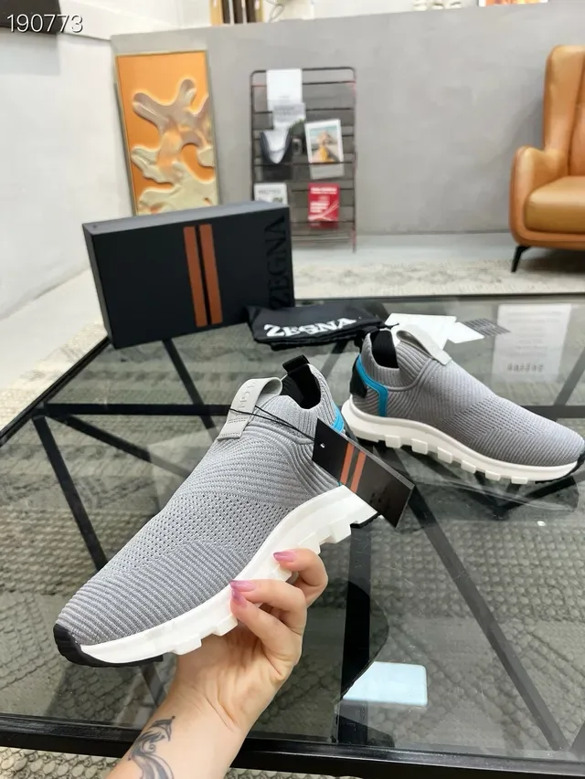 Zegna حذاء رياضي للأسلوب الحياتي رمادي أزرق مغزول slip-on كولار جورب ملائم 5