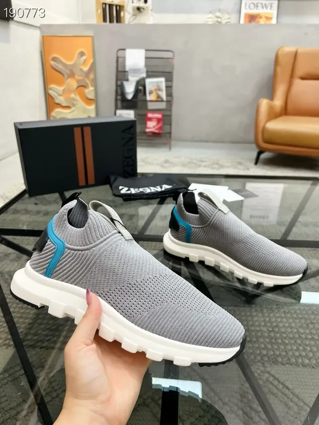 Zegna حذاء رياضي للأسلوب الحياتي رمادي أزرق مغزول slip-on كولار جورب ملائم 7