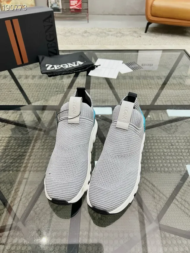 Zegna حذاء رياضي للأسلوب الحياتي رمادي أزرق مغزول slip-on كولار جورب ملائم 8