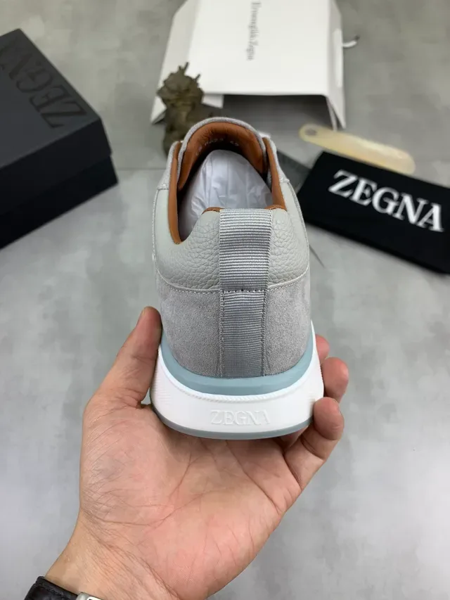 Zegna Gray Blue Mixed-Material Upper Suede And Pebbled Leather Sneakers 3