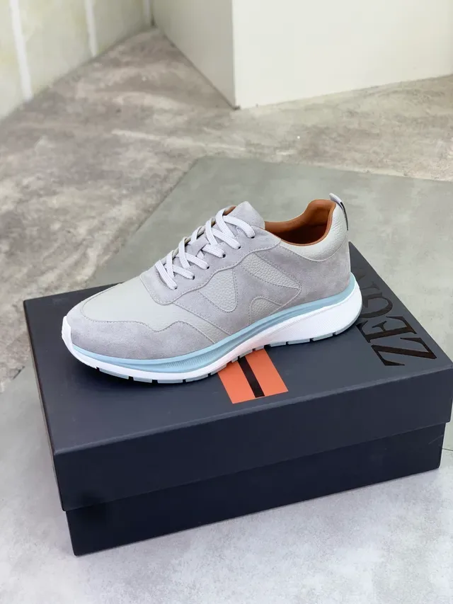 Zegna Gray Blue Mixed-Material Upper Suede And Pebbled Leather Sneakers 4