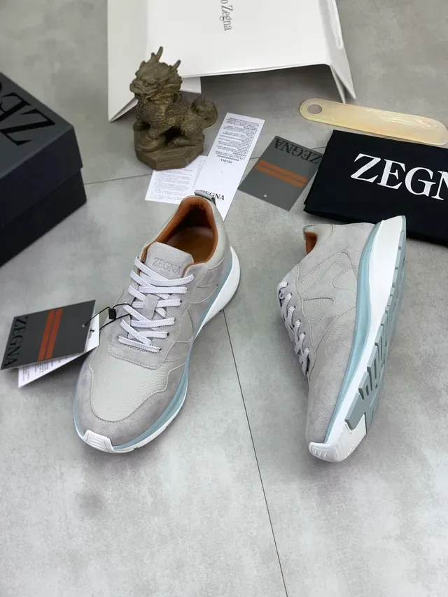 Zegna Gray Blue Mixed-Material Upper Suede And Pebbled Leather Sneakers 5