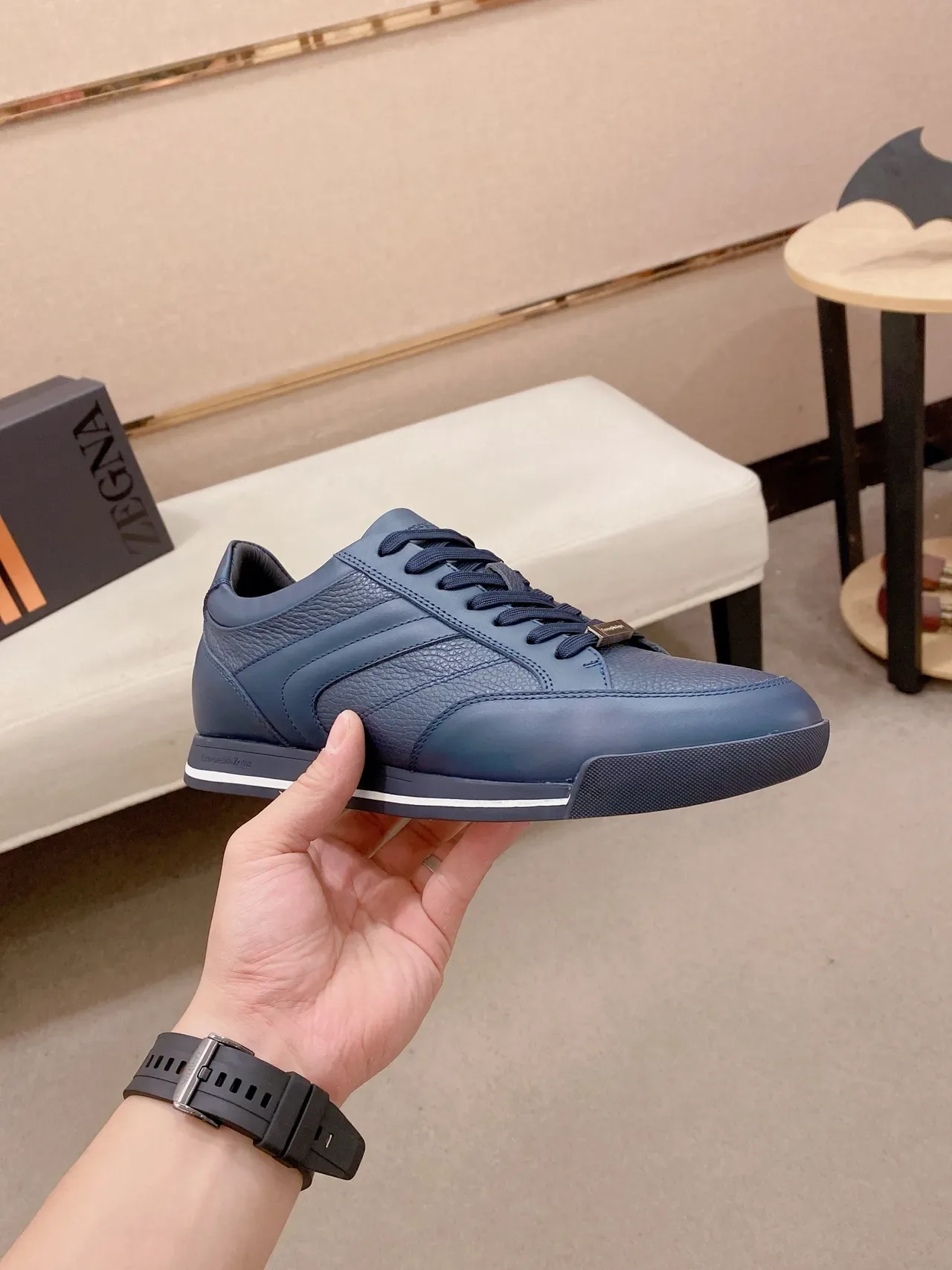 Zegna sneaker lifestyle tênis lifestyle marinho branco painel de couro azul tonal tênis lifestyle 5