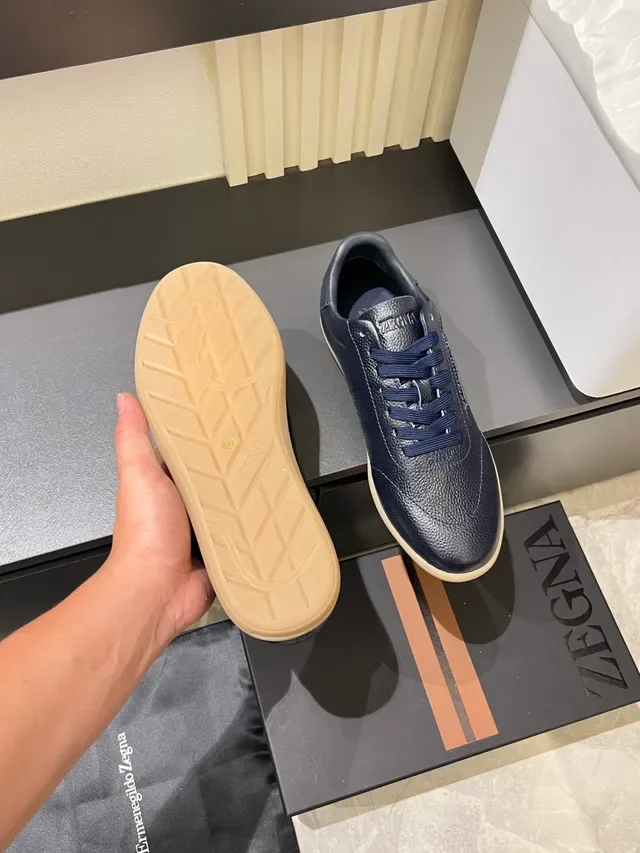 Zegna Oasi Navy Beige Pebbled Leather Gum Sole Lifestyle Sneakers 3