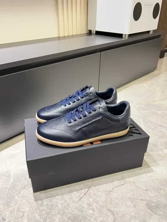 Zegna Oasi Navy Beige Pebbled Leather Gum Sole Lifestyle Sneakers 4