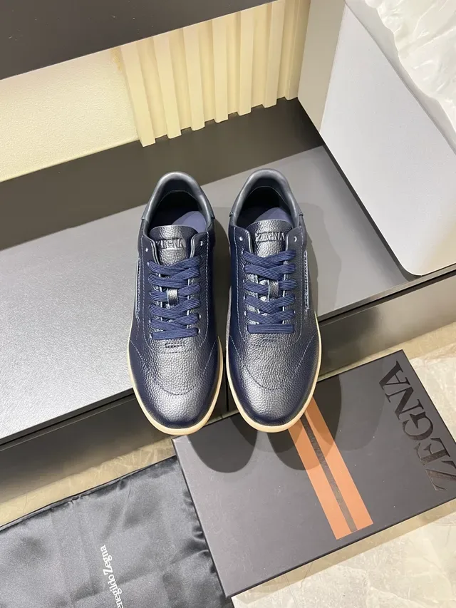 Zegna Oasi Navy Beige Pebbled Leather Gum Sole Lifestyle Sneakers 5