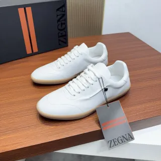 Zegna White Beige Leather Upper Gum Rubber Sole Lifestyle Sneakers