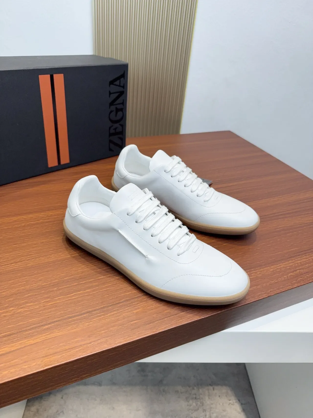 Zegna White Beige Leather Upper Gum Rubber Sole Lifestyle Sneakers 4