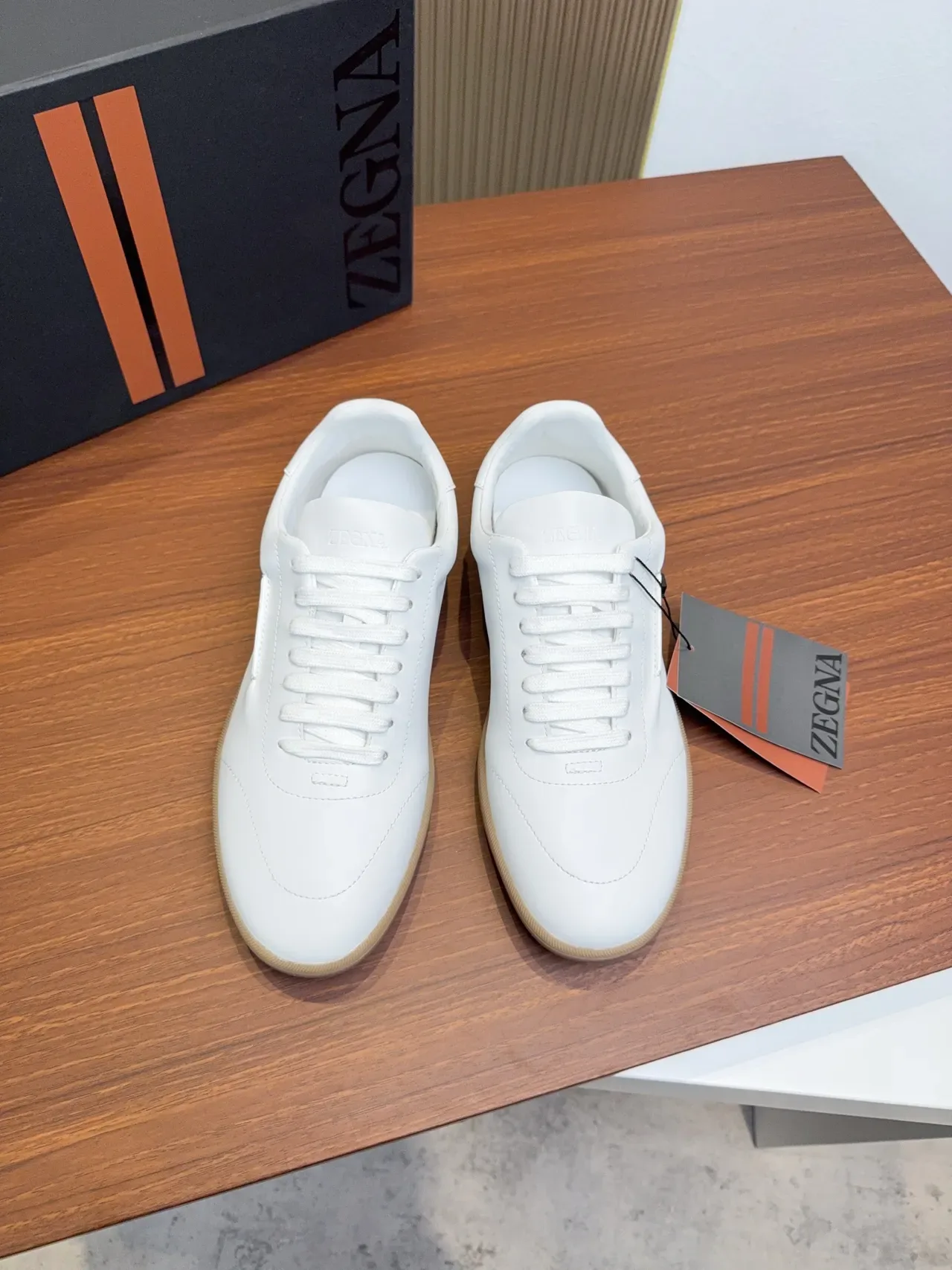 Zegna White Beige Leather Upper Gum Rubber Sole Lifestyle Sneakers 5