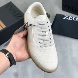 Zegna White Beige Pebbled Leather Gum Sole Lifestyle Sneakers
