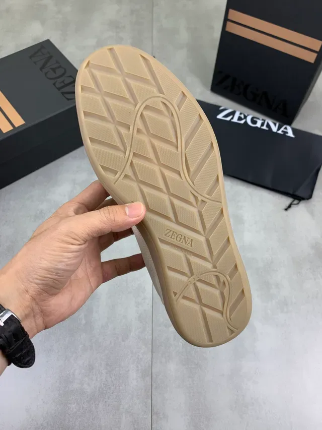 Zegna White Beige Pebbled Leather Gum Sole Lifestyle Sneakers 2