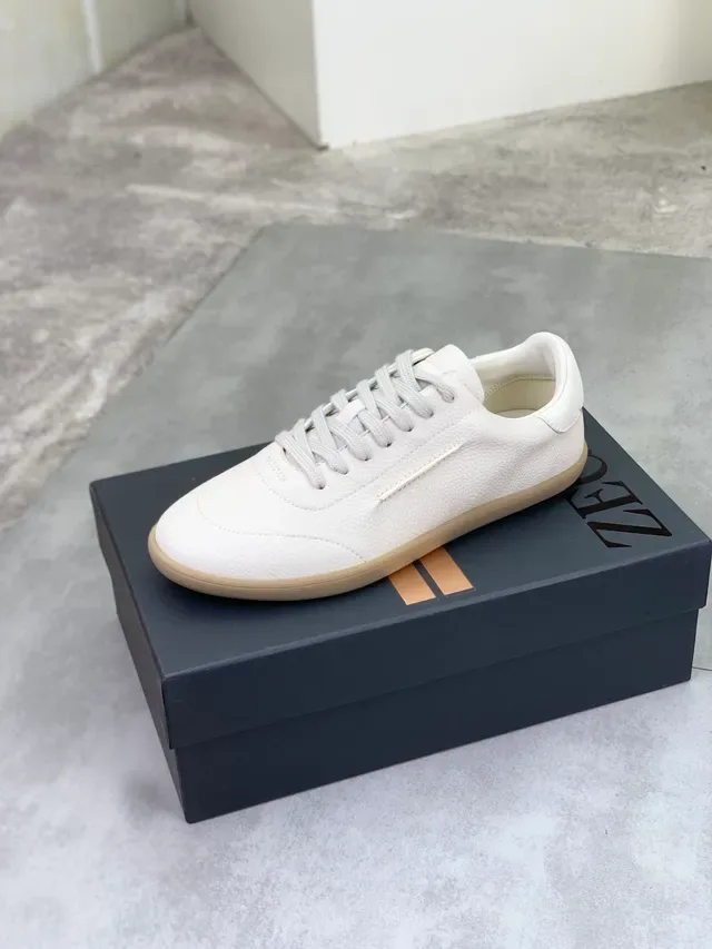 Zegna White Beige Pebbled Leather Gum Sole Lifestyle Sneakers 4