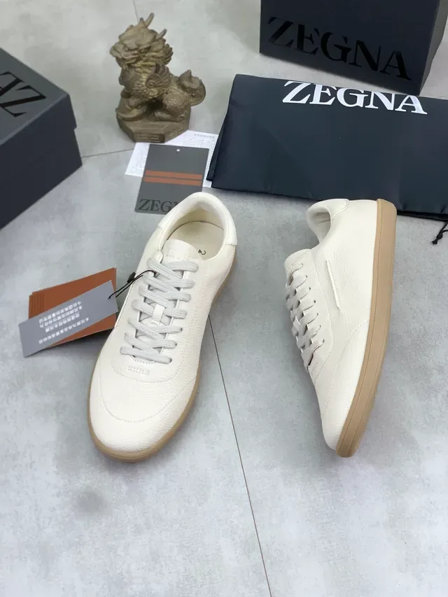 Zegna White Beige Pebbled Leather Gum Sole Lifestyle Sneakers 5