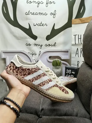 Adidas Beige Brown Leopard-Print Knit Upper Three White Stripes Lifestyle Sneakers 5