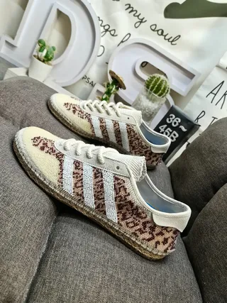 Adidas Beige Brown Leopard-Print Knit Upper Three White Stripes Lifestyle Sneakers 7