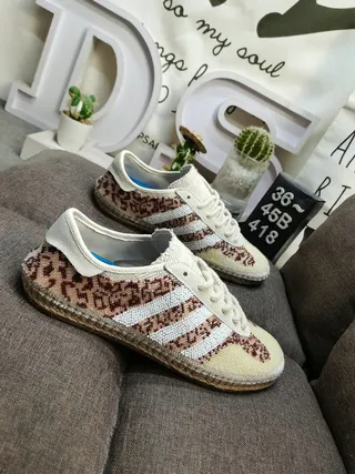Adidas Beige Brown Leopard-Print Knit Upper Three White Stripes Lifestyle Sneakers 9