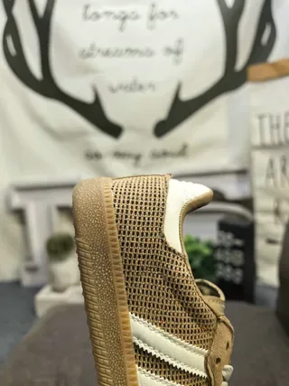 Adidas Beige White Mesh-Suede Hybrid Upper Three-Stripe Side Panel Lifestyle Sneakers 4
