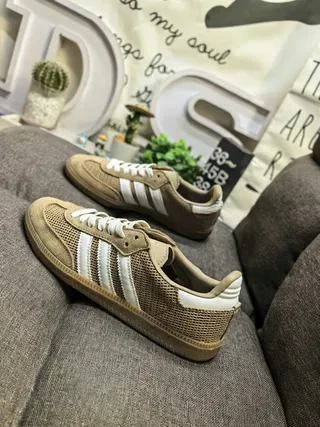 Adidas Beige White Mesh-Suede Hybrid Upper Three-Stripe Side Panel Lifestyle Sneakers 7