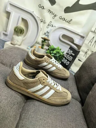 Adidas Beige White Mesh-Suede Hybrid Upper Three-Stripe Side Panel Lifestyle Sneakers 9