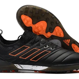Adidas काला नारंगी निट और सिंथेटिक अपर 3 स्ट्राइप्स टर्फ सॉकर जूते