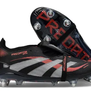 Adidas Black Red Laceless Strap Closure Three-Stripe Cage Overlay Firm-Ground Soccer Shoes