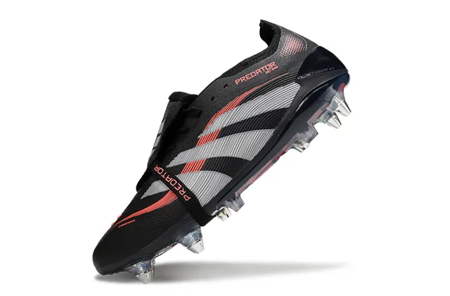 Adidas Black Red Laceless Strap Closure Three-Stripe Cage Overlay Firm-Ground Soccer Shoes 2