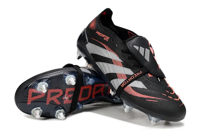 Adidas Black Red Laceless Strap Closure Three-Stripe Cage Overlay Firm-Ground Soccer Shoes 3