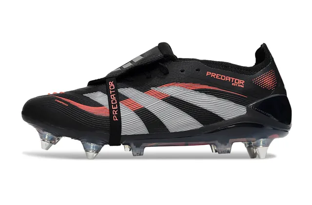 Adidas Black Red Laceless Strap Closure Three-Stripe Cage Overlay Firm-Ground Soccer Shoes 6