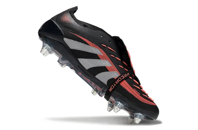 Adidas Black Red Laceless Strap Closure Three-Stripe Cage Overlay Firm-Ground Soccer Shoes 7