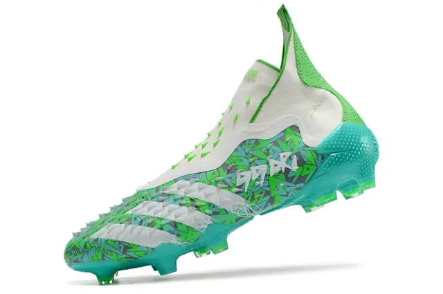 Adidas Chaussures de football bleu vert coupe haute collet ajusté à la chaussette estampillé graffiti empeigne terrain ferme 3