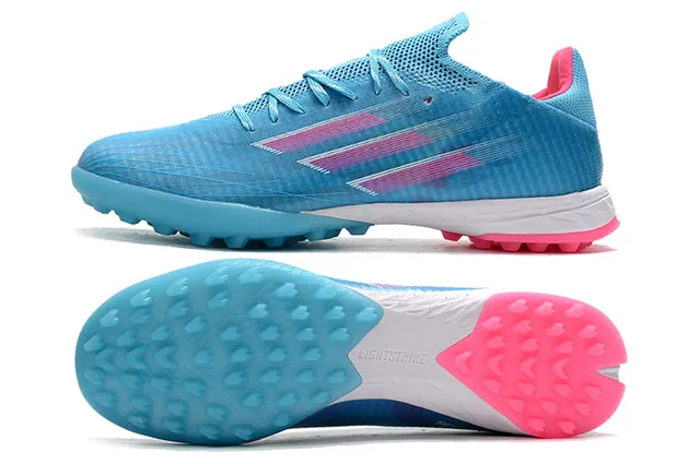 Adidas Chaussures de football en gazon avec upper en tricot bleu rose et lacets asymétriques 5