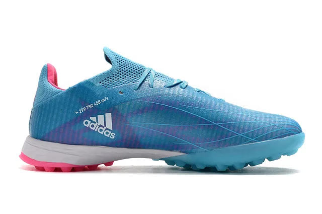 Adidas Chaussures de football en gazon avec upper en tricot bleu rose et lacets asymétriques 7